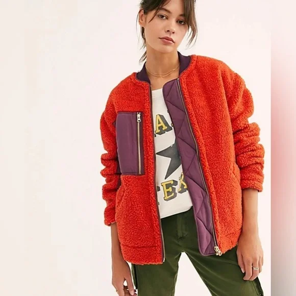 Free People Rivington fleece zip up size Small red with black purple vintage - Picture 2 of 16